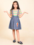 Stripes Printed Top with Denim Dungaree Skirt