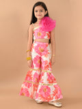 Floral Printed Net Rose Decor One Shoulder Top Sharara Set