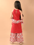 Solid Sleeveless Straight Kurta with Printed Sharara & Dupatta Set