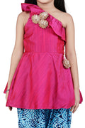 Lilpicks Dark Pink Peplum Suit with Blue tie n Dye Dhoti Set