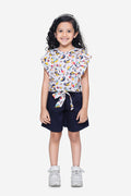 Bird Print Ruffle Top with Navy Belted Shorts Set