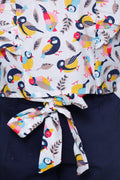 Bird Print Ruffle Top with Navy Belted Shorts Set