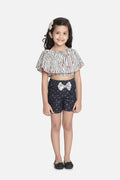 Lilipicks Cherry Cape Top with Sequin Bow Denim Shorts Set