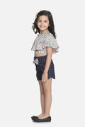 Lilipicks Cherry Cape Top with Sequin Bow Denim Shorts Set
