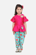Lilpicks Hot Pink Peplum Suit with Green Floral Dhoti Set