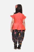 Lilpicks Orange Peplum Suit with Dark Grey Floral Dhoti Set