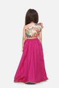 Lilpicks Floral One Side Shoulder Top with Wine Lehenga Set