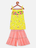 1 Yellow Orange pompom flora printed strappy kurti with sharara set