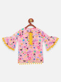 9 Pink Floral Pom Pom Bell Sleeve Kurta with Salwar Set