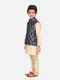 Beige Kurta Churidar with Blue Motif Digital Print Nehru Jacket