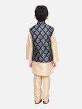 Beige Kurta Churidar with Blue Motif Digital Print Nehru Jacket