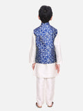 White Kurta Churidar with Elegant Blue Digital Print Nehru Jacket