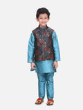 Turquoise Kurta Churidar with Elegant Motif Digital Print Nehru Jacket