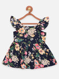 Lilpicks Navy Floral Print Peplum Top with Frilly Shorts Set