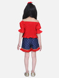 Lilpicks Red Smocking Top with Denim Shorts Set
