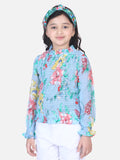 Lilpicks Powder Blue Floral Hi-Neck Smocking Top