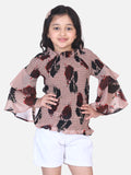 Lilpicks Beige Floral bell Sleeves Smocking Top