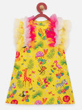 Lilpicks Yellow Quirky Jungle Print Ruffle Dress