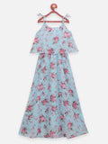 Lilpicks Blue Flower Print Cape Strappy Flared Long Dress