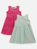 Lilpicks Pink and green All Over Printed Pack of 2 Bow Flared Dress