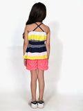 Pleated Striped Strappy Top And Pink Shorts Set