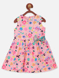 Lilpicks Pink Flower Printed Bow Flared Dress