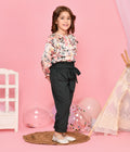 Beige & Green Floral Printed Frilled Top & Trouser Set for Girls