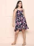 Navy Blue Pink Floral Wrap Dress