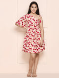 Beige Red One Side Shoulder Floral Fit N Flare Dress