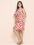 Beige Red One Side Shoulder Floral Fit N Flare Dress