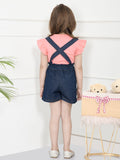 Pick Denim Blue Gathered Sleeves Top with Dungaree Shorts Set