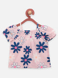Baby Pink Blue Flower Top with Detailed Denim Skirt Set