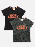 Black Dark Grey Lucky Print T-shirt - Pack of 2