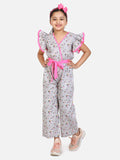 Grey Teddy Print Frilled Full Jumpsuit