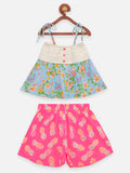 Blue Pink Floral Print Top And Pineapple Print Shorts Set