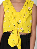 Floral Yellow Knot Crop Top with Zade Black Pant Set