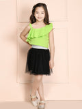Parrot Green One Shoulder Frill Top with Bow Style Skirt Set