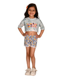 Text Printed Crop Top with Floral Shorts Set
