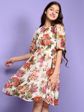 All Over Floral Printed Long Sleeve Fit n Flare Dress