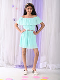 Off Shoulder Neck Frilled Fit n Flare Belted Dress