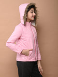 Solid Plain Puffer Front Zip Open Fur Hooded Jacket