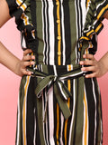 Stripes Printed Button Down Belted Full Jumpsuit