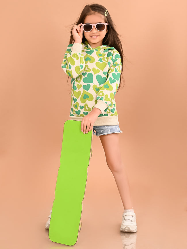 Girls Heart printed Full Sleeves Hooded Sweatshirt