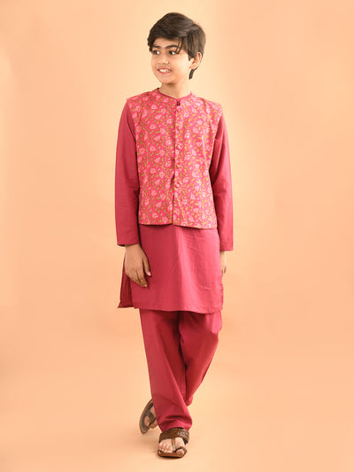Solid Kurta Pajama Set with Printed Nehru Jacket