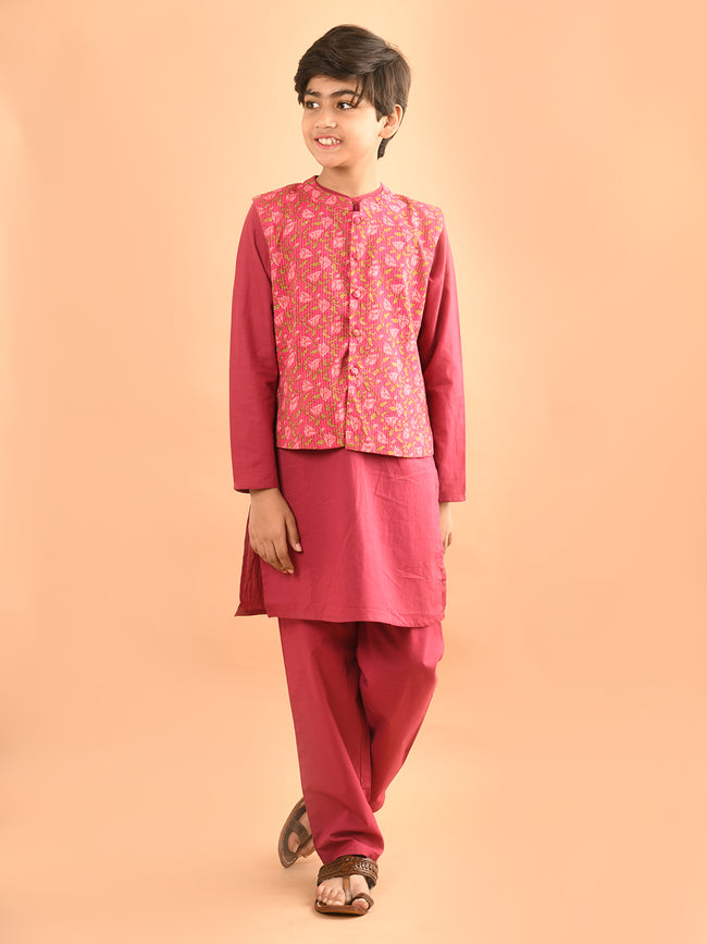 Solid Kurta Pajama Set with Printed Nehru Jacket