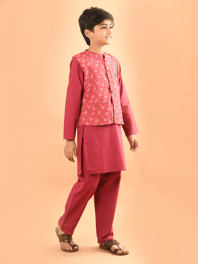 Solid Kurta Pajama Set with Printed Nehru Jacket