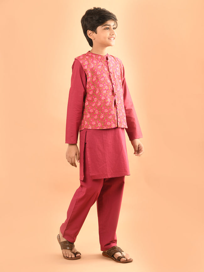Solid Kurta Pajama Set with Printed Nehru Jacket