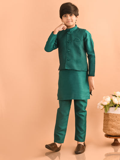 Solid Kurta Pajama Set with Embossed Nehru Jacket