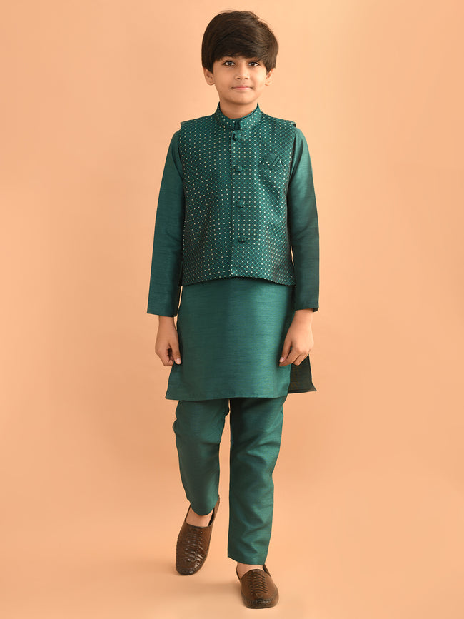 Solid Kurta Pajama Set with Embossed Nehru Jacket