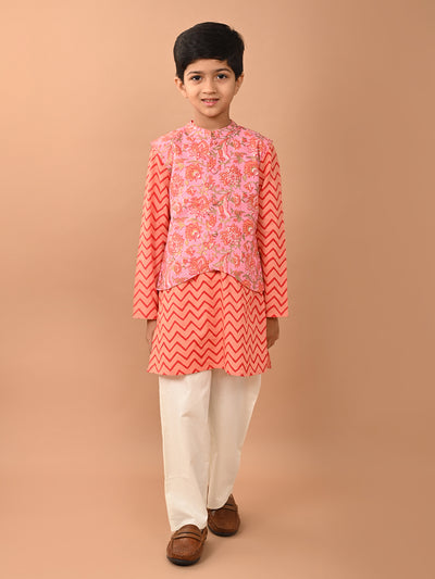Floral Printed Kurta Pajama Set with Nehru Jacket